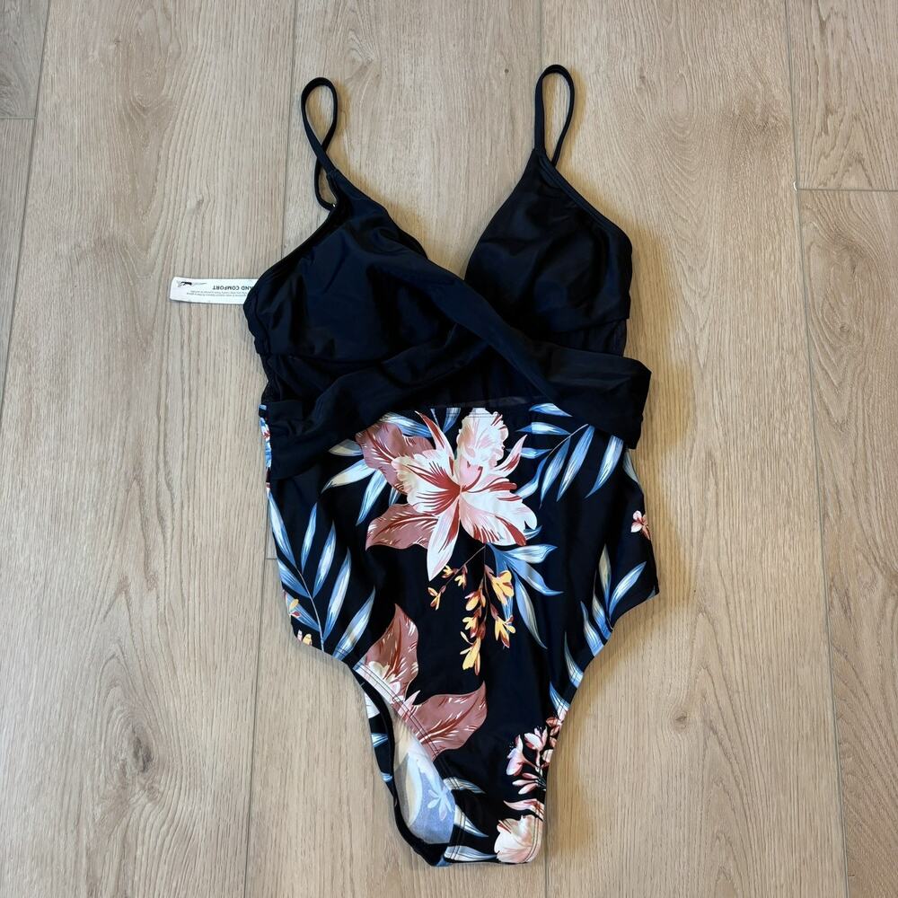 Cupshe Swimsuit Greenland Aurora Mesh Cutout Wrap Front One-Piece Tropical Black